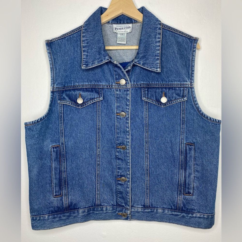 Pendleton Native Tribal Denim Blanket Vest Geometric Size Large Southwest - Picture 2 of 7